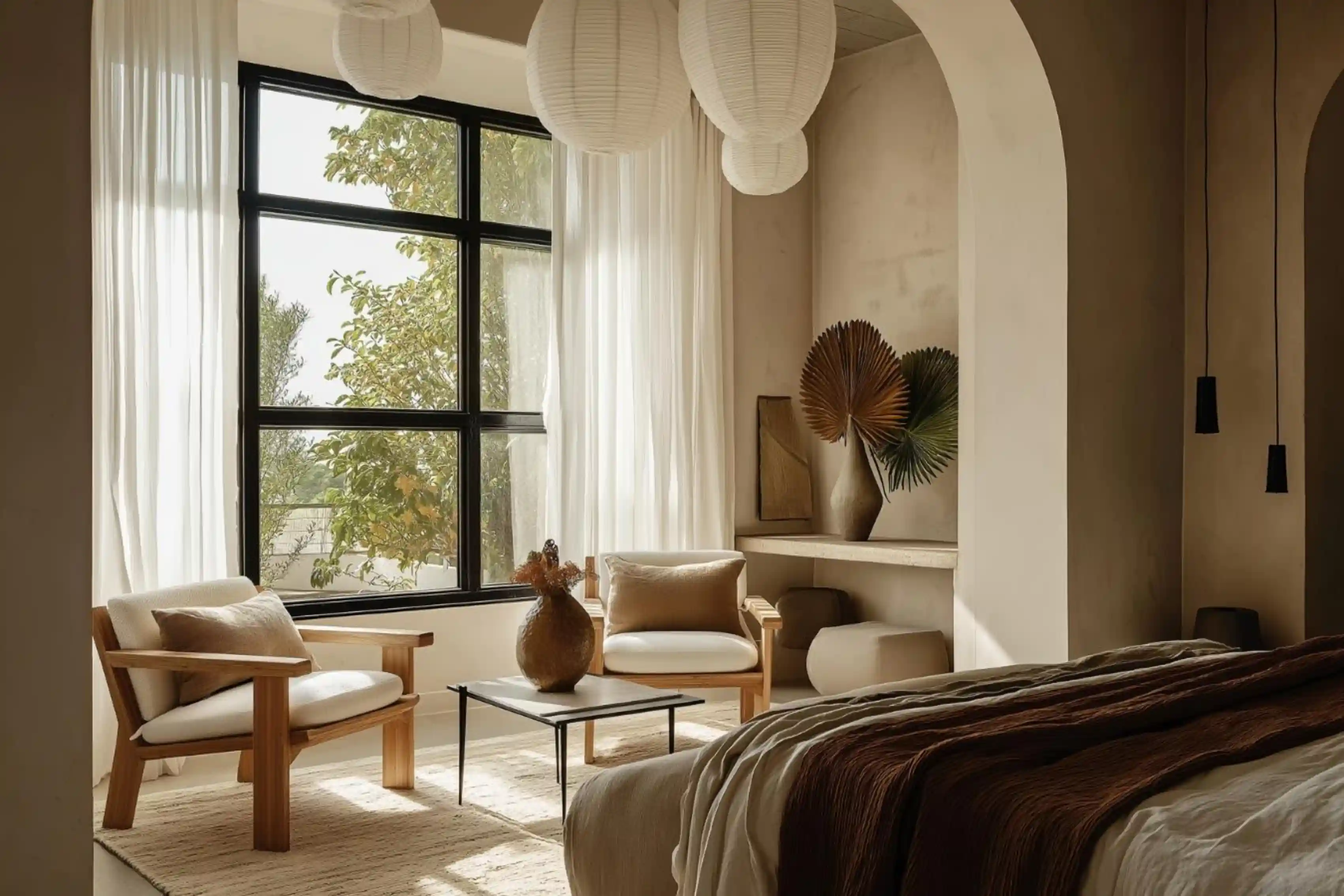 The Terra Residence - Organic modern bedroom with textured plaster walls and arched architectural details - Ai Spaces LLC.webp